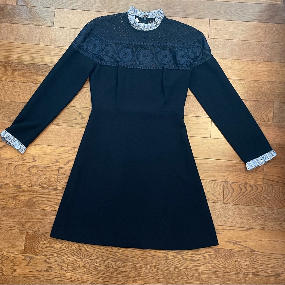 Sandro Iris Lace Ruffle Mini Dress In Deep Navy EU 36